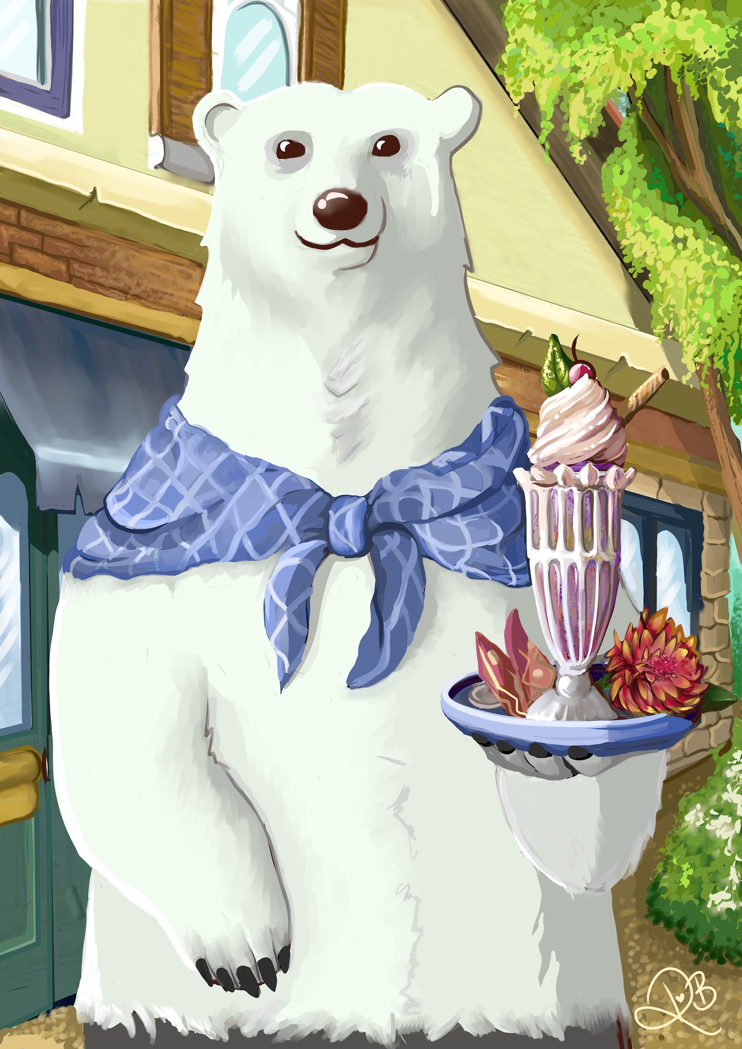 This illustration depicts Shirokuma (Polar Bear), a character from the anime Shirokuma Cafe (Polar Bear Cafe). He's standing upright wearing a blue patterned scarf or neckerchief tied around his neck. He's holding a tray with an ube-flavored parfait in a tall glass - the dessert is light purple in color and garnished with flowers. Shirokuma has a gentle, pleasant expression and is positioned in front of his own cafe building with green foliage visible to the side. The art style is colorful and cheerful, with a warm, inviting atmosphere typical of the anime's lighthearted tone.