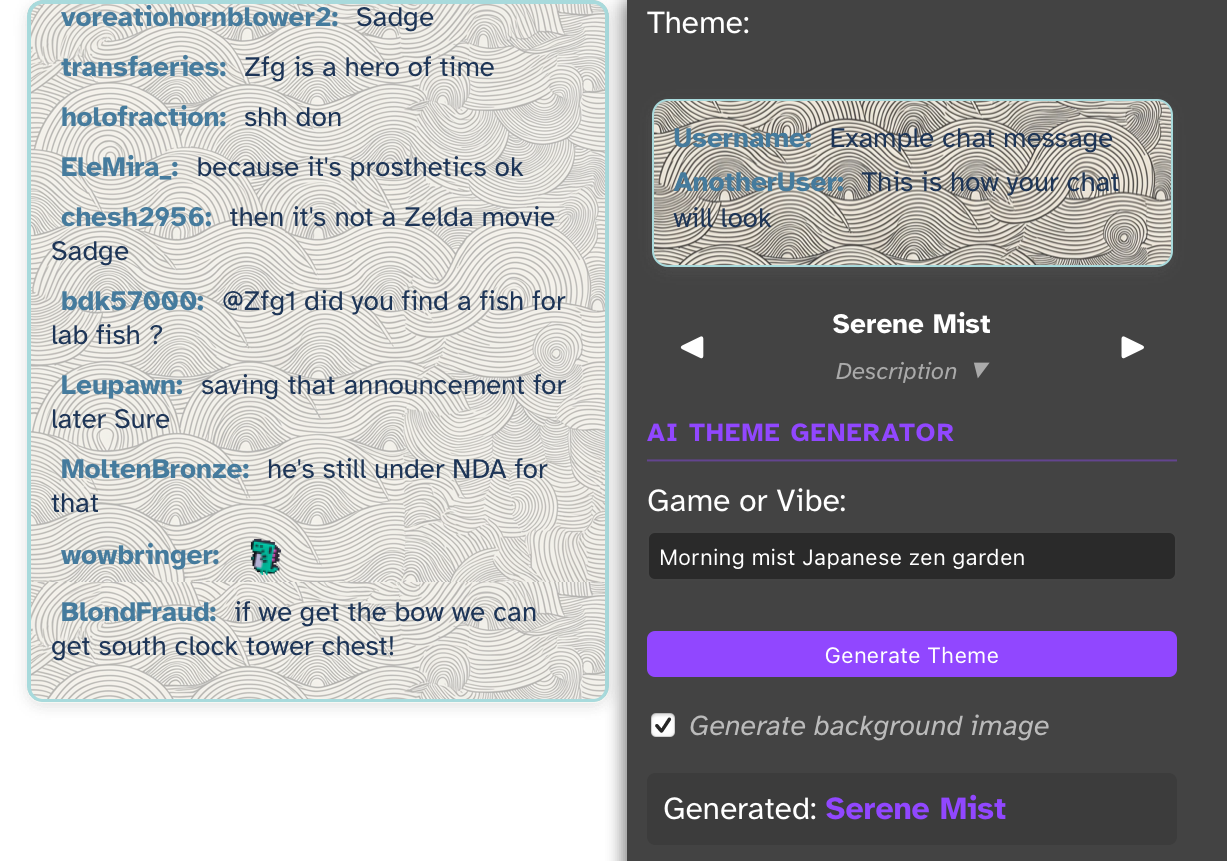 Screenshot showing a side-by-side view of both the chat window and its theme settings panel. On the left is the chat window with the wavy pattern background and example messages. On the right is the normally-overlapping settings panel pulled out to show the AI Theme Generator interface. The settings panel features the theme title 'Serene Mist', navigation arrows, a 'Game or Vibe' input field (showing 'Morning mist Japanese zen garden'), a purple 'Generate Theme' button, and a checkbox for background image generation. This split view demonstrates how the settings panel would typically float over the chat window during theme customization.