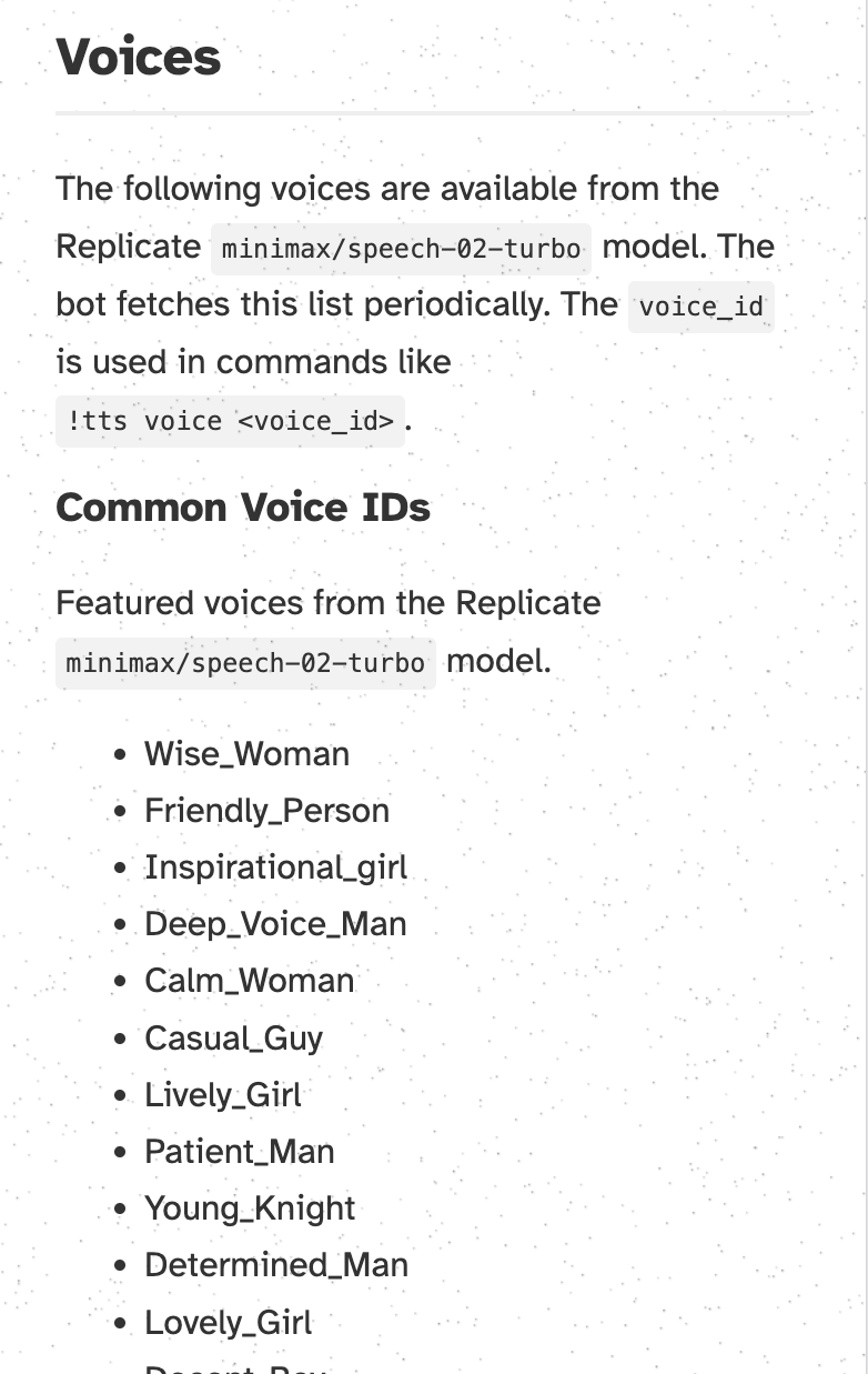 Screenshot of the ChatVibes documentation page showing available voices for the minimax/speech-02-turbo model. The page lists common voice IDs such as Wise_Woman, Friendly_Person, Inspirational_girl, and others, and explains how to use the !tts voice <voice_id> command in Twitch chat.