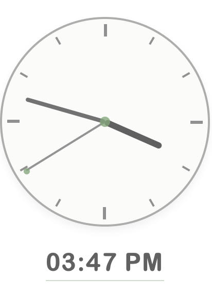 Screenshot of the Custom Clock overlay showing a minimalist clock with both analog and digital displays. The analog clock has a clean white circle design with thin hour marks and dark gray hands with green accents at the tips. Below it, a digital time display shows '03:47 PM' in a modern gray font. The design features a transparent background suitable for stream overlays.