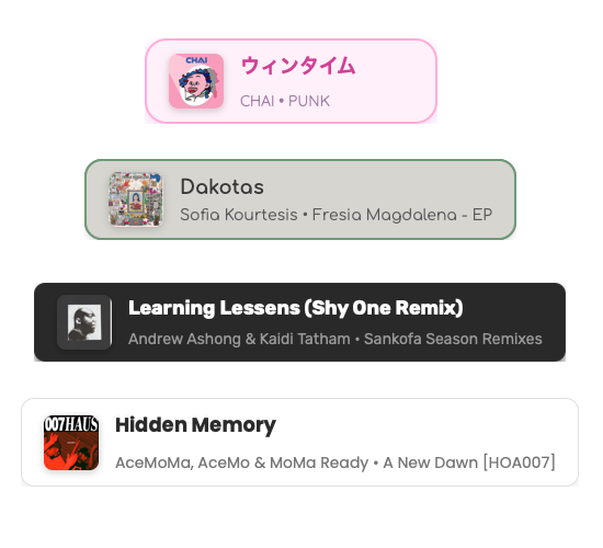 Screenshot of Jam Deck showing four Apple Music now playing widgets with different color themes. Each widget displays album artwork, song title, and artist information in various styles - pink, green, dark, and white themes with different song information including Japanese characters, Wintime by CHAI, 'Dakotas' by Sofia Kourtesis, 'Learning Lessens (Shy One Remix)' by Andrew Ashong & Kaidi Tatham, and 'Hidden Memory' by AceMoMa.